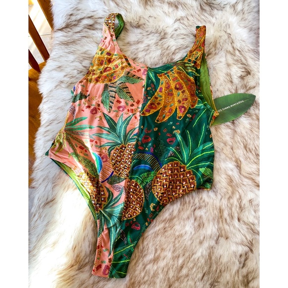 FARM Rio Other - Farm Rio Swimsuit Mixed Fruits One Piece Floral Colorblock L NWT
